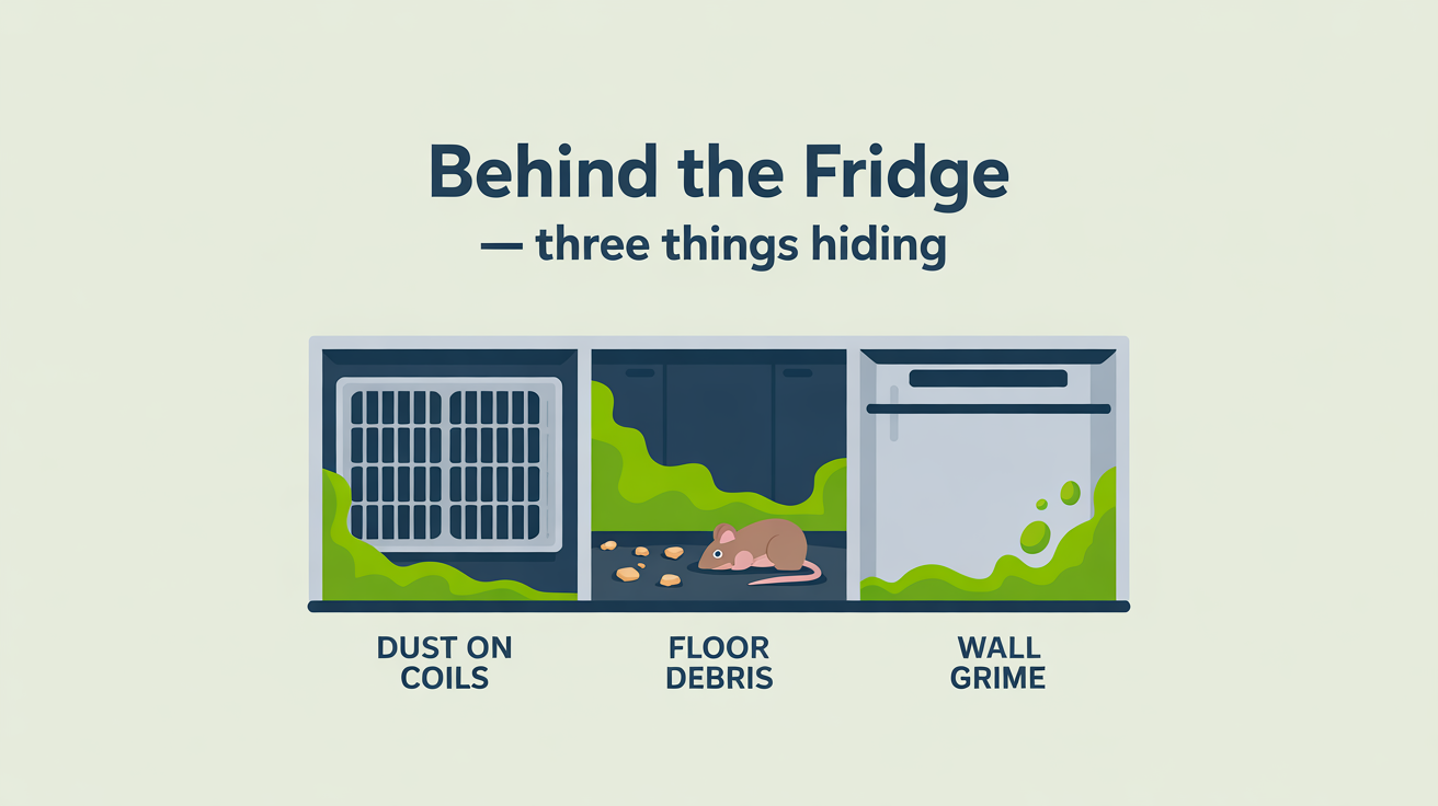 Three icons showing what hides behind a fridge: dust on the condenser coils, crumbs and debris on the floor, and grime on the wall behind.