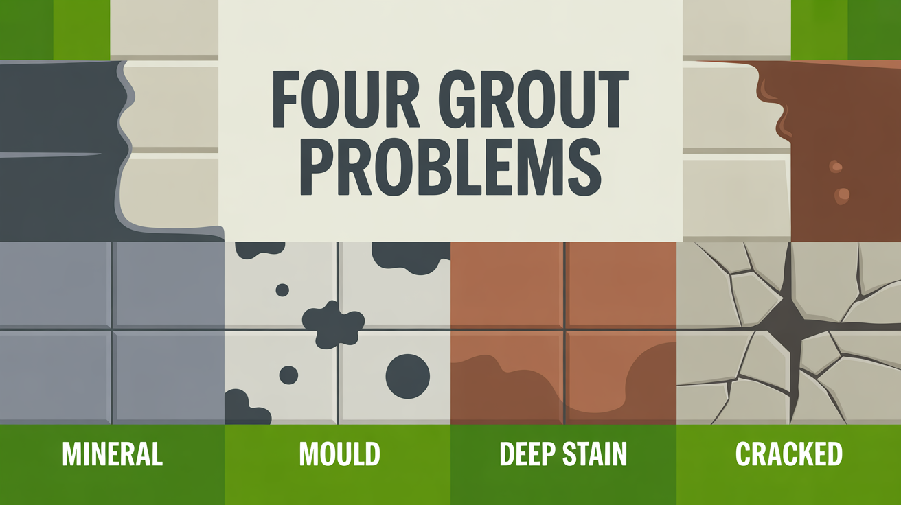 Four illustrated panels showing the four kinds of grout problem: mineral build-up, mould, deep staining, and cracked grout.
