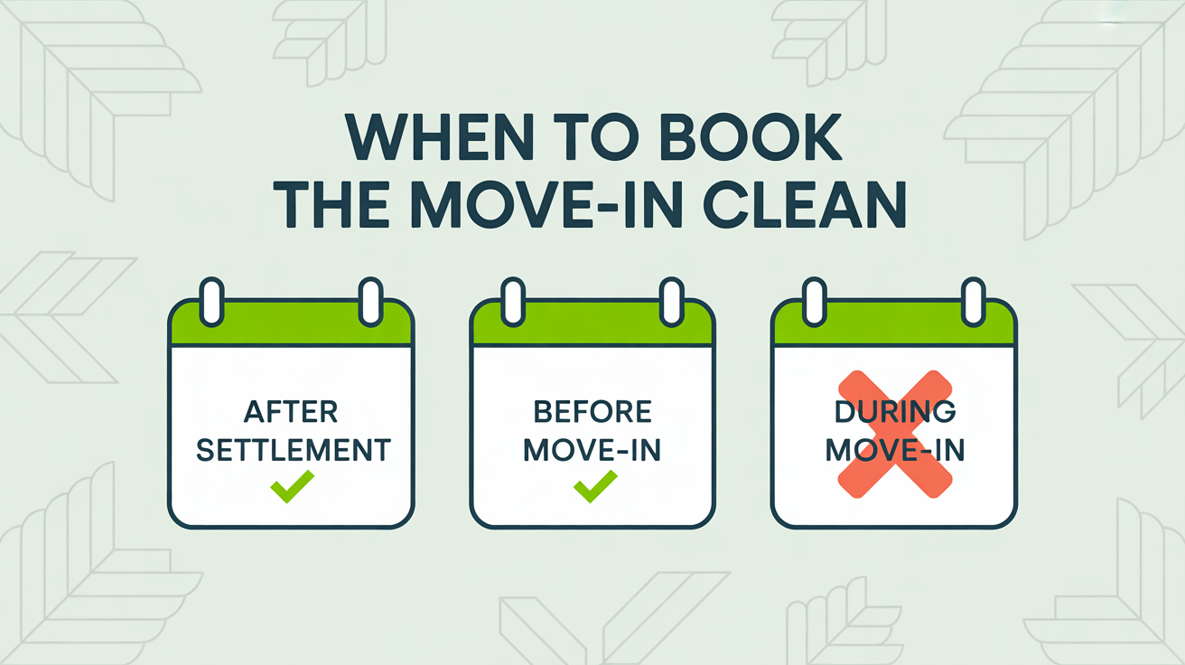 Three calendar icons showing the three options for timing a move-in deep clean: after settlement (good), before move-in (good), during move-in (avoid).