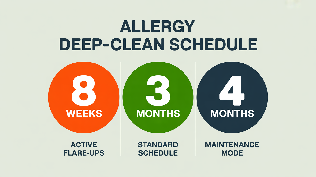 Three-column infographic showing how often allergy households need a deep clean: every 8-10 weeks during active flare-ups, every 3 months as the standard maintenance schedule, every 4 months when symptoms are stable with strong routines.
