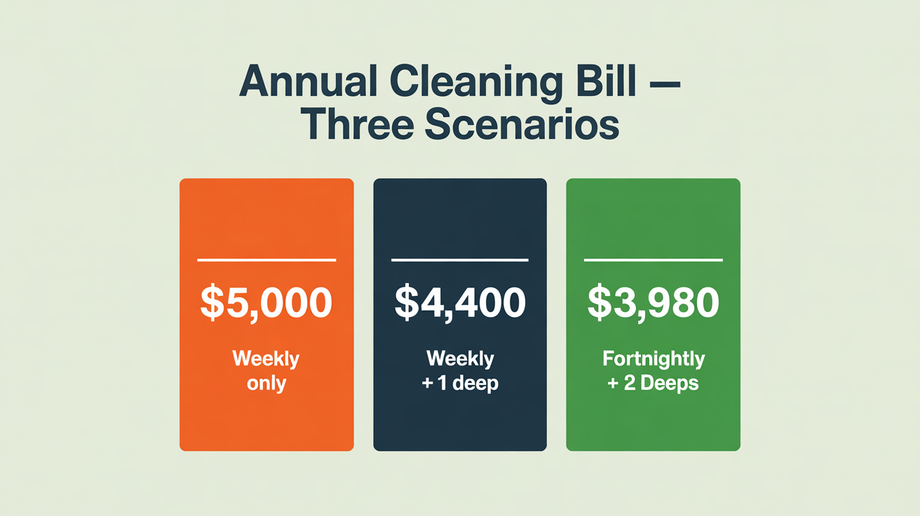 Three columns showing the annual cleaning bill for a 3-bedroom home in three scenarios: weekly only at $5,000, weekly plus one deep clean at $4,400, and fortnightly plus two deep cleans at $3,980.