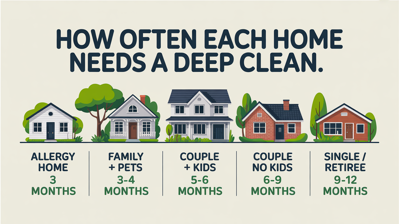 Five household types side by side, each labelled with the recommended deep-clean frequency from every 3 months to every 9-12 months.