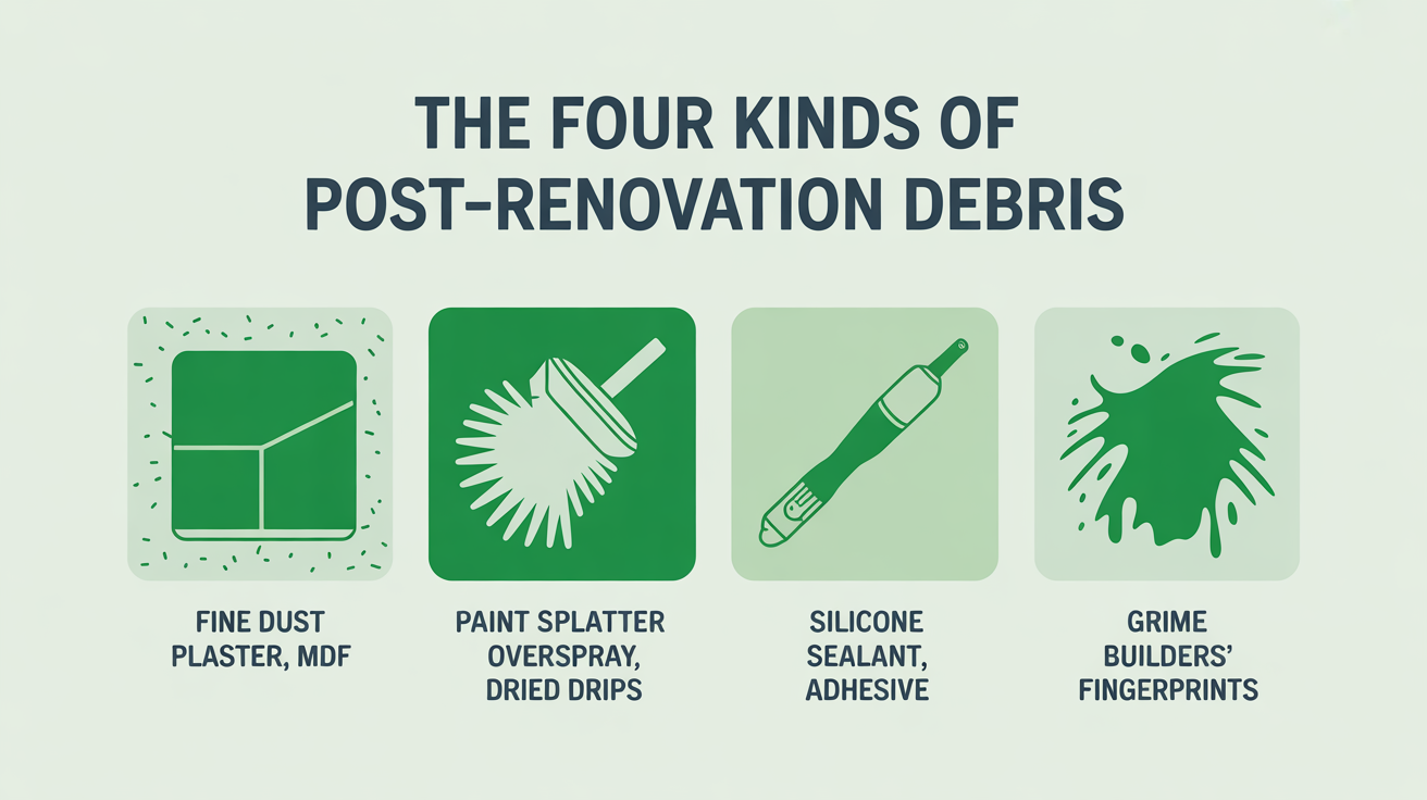Four illustrated panels in a row showing the four kinds of debris a post-renovation clean has to remove: fine dust from plaster and MDF, paint splatter, silicone and sealant smears, and builders' grime.