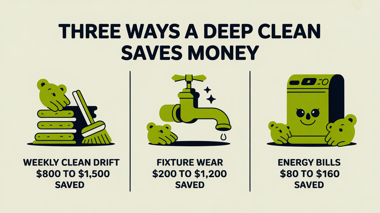 Three illustrated panels showing the three ways a deep clean saves money: weekly cleaner finishes faster ($800-$1,500), fixture replacement avoided ($200-$1,200), appliance energy bill saving ($80-$160).