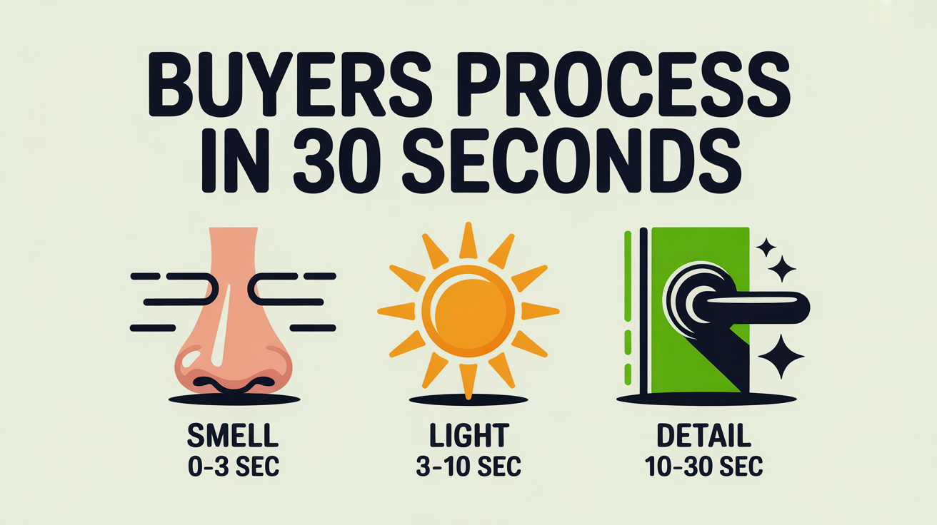 Three icons showing the three sensory signals home buyers process in the first 30 seconds: smell, light, detail.