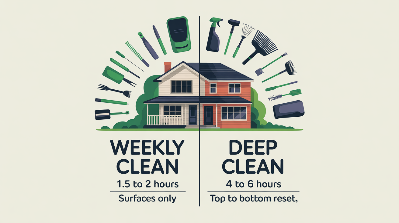 Side-by-side comparison showing what a regular weekly clean covers versus what a deep clean covers — the deep clean reaches into range hoods, grout, tracks, and skirting that the weekly clean does not touch.